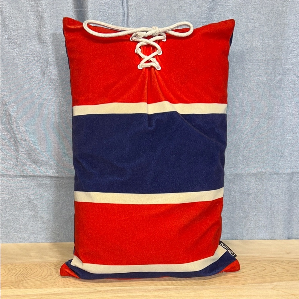 Red and Blue Striped Pillow with Lace Detail